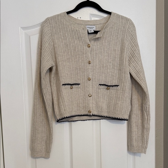 crown & ivy Sweaters - crown & ivy Cream Ribbed Cardigan with Navy Trim
